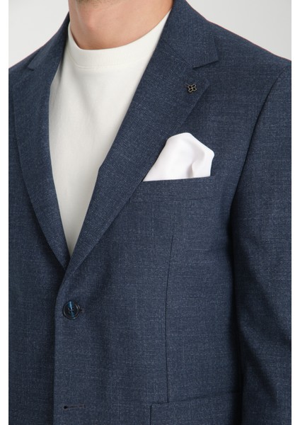 Tadic Erkek Lacivert Desenli Esneyen Kumaş Slim Fit Torba Cepli Yarım Astar 4 Mevsim Blazer Ceket