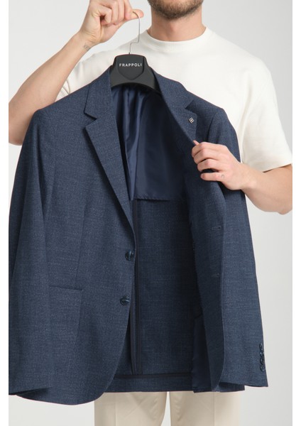 Tadic Erkek Lacivert Desenli Esneyen Kumaş Slim Fit Torba Cepli Yarım Astar 4 Mevsim Blazer Ceket