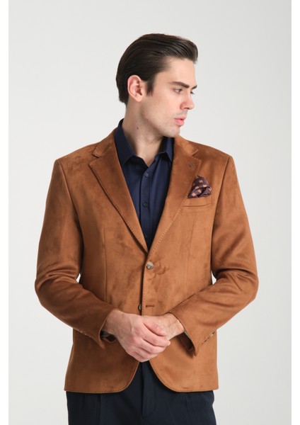 Bernando Erkek Tarçın Süet Yaz-Kış 4 Mevsim Slim Fit Spor Blazer Ceket
