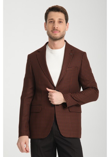 Parcessi Erkek Kahve Kazayağı Desenli Slim Fit Dar Kesim Esnemeyen Kumaş Spor Blazer Ceket