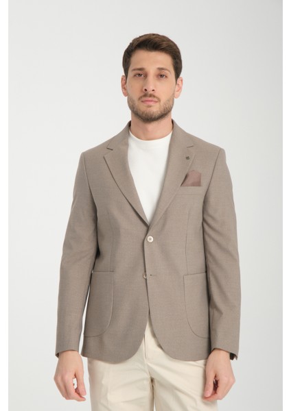 Tadic Erkek Bej Desenli Esneyen Kumaş Slim Fit Torba Cepli Yarım Astar 4 Mevsim Blazer Ceket
