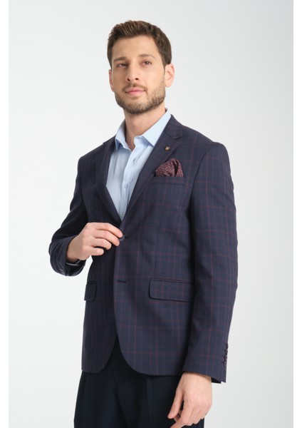 Diegos Erkek Lacivert Ekose Slim Fit Mono Yaka Spor Blazer