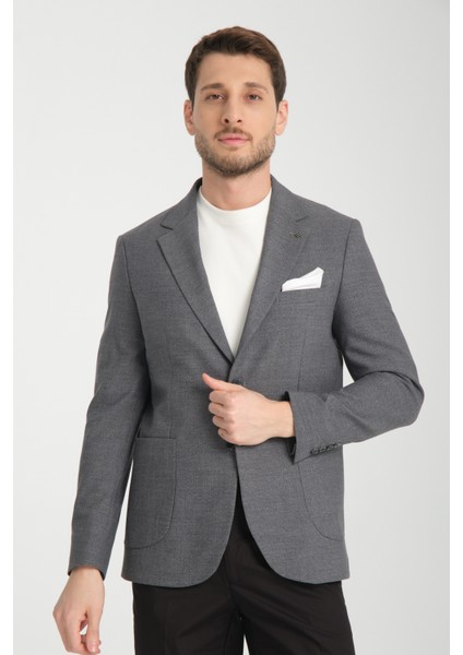 Tadic Erkek Lacivert Desenli Esneyen Kumaş Slim Fit Torba Cepli Yarım Astar 4 Mevsim Blazer Ceket