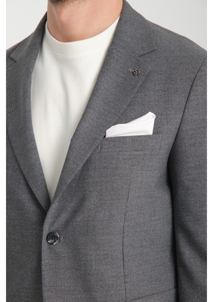 Tadic Erkek Lacivert Desenli Esneyen Kumaş Slim Fit Torba Cepli Yarım Astar 4 Mevsim Blazer Ceket
