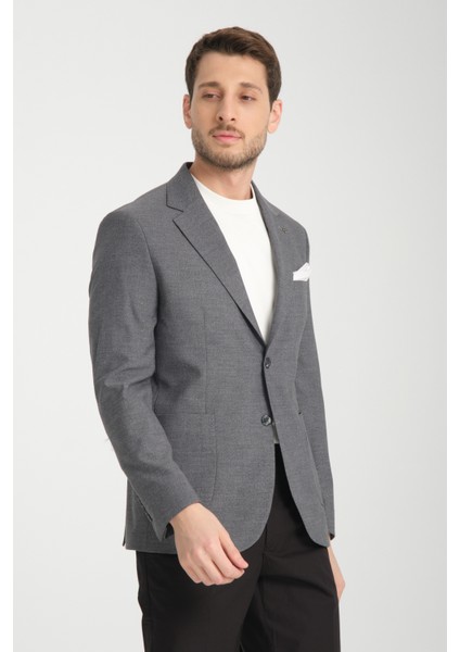 Tadic Erkek Lacivert Desenli Esneyen Kumaş Slim Fit Torba Cepli Yarım Astar 4 Mevsim Blazer Ceket
