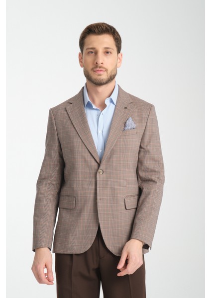 Diegos Erkek Lacivert Ekose Slim Fit Mono Yaka Spor Blazer