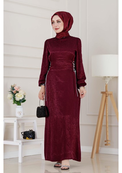 Buse Yanı Bağcıklı Saten Abiye-Bordo