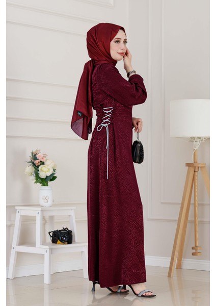 Buse Yanı Bağcıklı Saten Abiye-Bordo