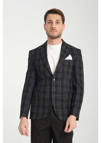 Galileo Erkek Indigo Ekose Mono Yaka Slim Fit Spor Blazer Ceket
