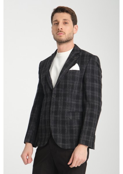 Galileo Erkek Indigo Ekose Mono Yaka Slim Fit Spor Blazer Ceket modelleri