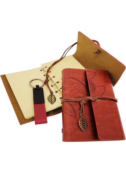 Ahşap Kutulu Kahve Deri Defter ve Anahtarlık Set