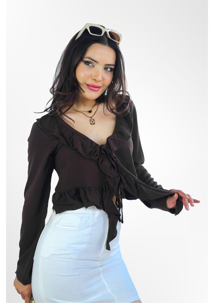 Kadın Kahverengi Regular Fit Bağlamalı Krinkıl Viskon Uzun Kollu Bluz ,kadın Önü Bağlamalı Bluz fırsatları