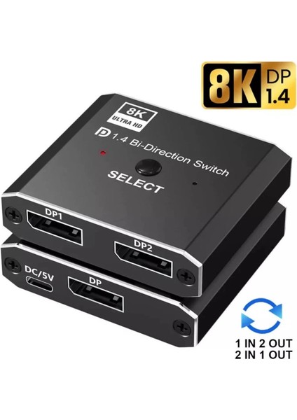 8k Displayport Switch | Çift Yönlü Geçiş, Uzaktan Kumanda ile 8K@30Hz - 4K@120Hz Destekli