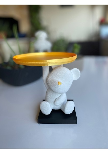 Dekoratif Gold Tabak Tutan Mini Sevimli Ayıcık, Tatlı Makyaj Organizeri, Sunumluk 14 cm Plastik Biblo