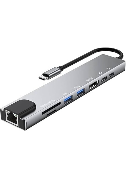 Pro Air Için USB Type-C Hub Dönüştürücü 8 In 1 Çoklayıcı - Hdmı, 2 Adet USB 3.0, 2 Adet USB C, Sd/microsd, Ethernet - Çevirici 8li Port USB C Adaptör Bağlantı Noktası Ara Kablo
