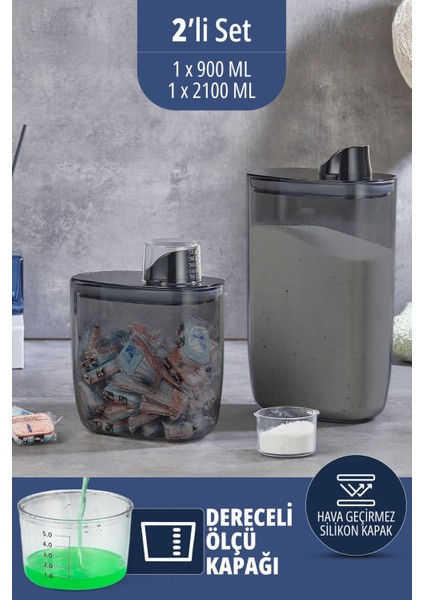 2 Adet Silikon Kapaklı Ölçülü Toz ve Sıvı Deterjan Saklama Kabı Kutusu 900-2100 ml