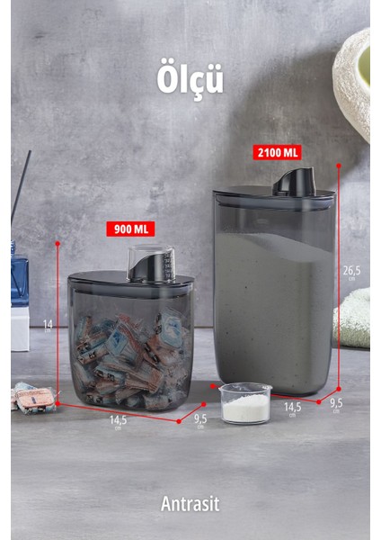 2 Adet Silikon Kapaklı Ölçülü Toz ve Sıvı Deterjan Saklama Kabı Kutusu 900-2100 ml