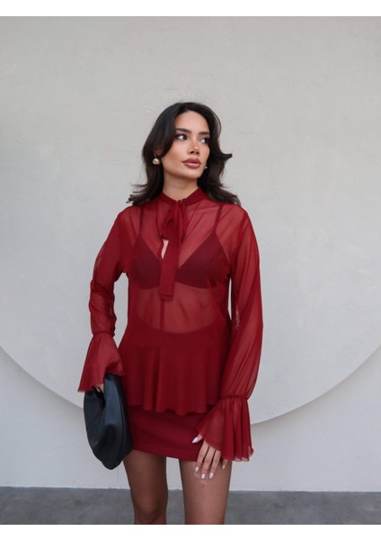 Yakası Fularlı Transparan Tül Gömlek