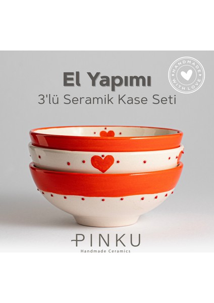 Sunset 3'lü Kase Seti - 15 Cm Kırmızı Seramik Kaseler Salata, Çorba, Makarna, Tatlı ve Granola İçin