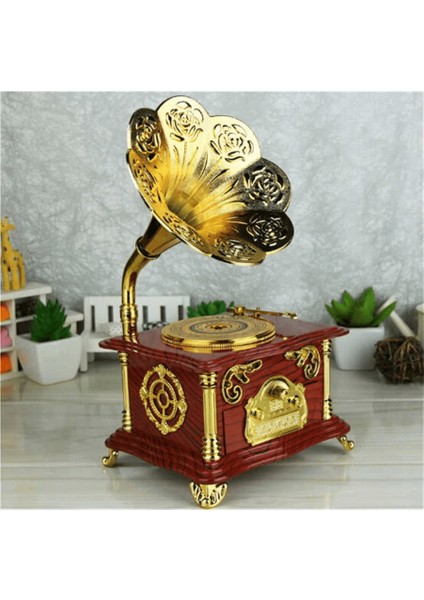 Nostaljik Tasarımlı Kurmalı ve Çekmeceli Gramofon Müzik Kutusu (Kahverengi) ( Lisinya )