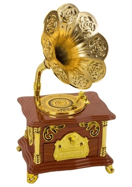 Nostaljik Tasarımlı Kurmalı ve Çekmeceli Gramofon Müzik Kutusu (Kahverengi) ( Lisinya )
