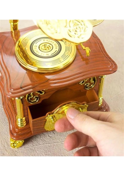 Nostaljik Tasarımlı Kurmalı ve Çekmeceli Gramofon Müzik Kutusu (Kahverengi) ( Lisinya )