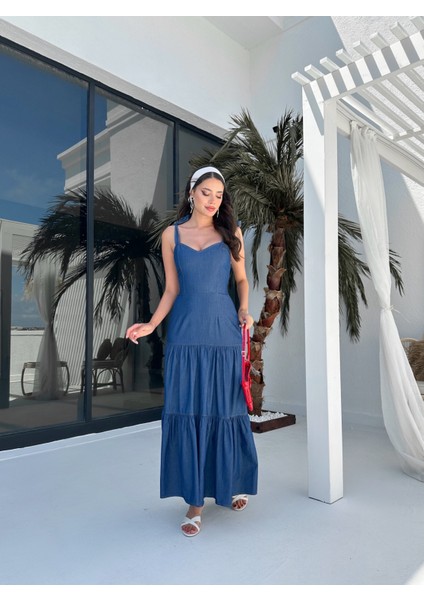 Blue Tencel Askısı Bağlamalı Elbise