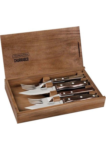 Brazil Churrasco 4 Parça Paslanmaz Çelik Jumbo Barbekü Seti, Polywood Saplar ve Ahşap Kutu