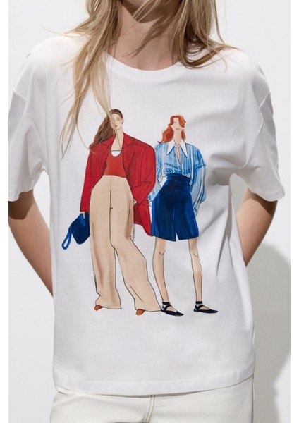 Ikonik Kadın Moda Baskılı %100 Pamuk Tişört Kadın