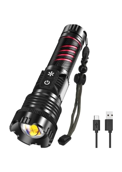 Br-6800 Zoomlu 30w El Feneri Cob Led 8 Fonksiyonlu C-Tip Şarj Edilebilir Powerbank Taktik El Feneri