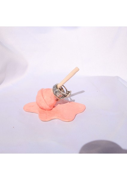 Pembe Lolipop Tasarım El Yapımı Seramik Yüzüklük - Dekoratif Yüzük Standı Taban 13CM Yükseklik 7cm