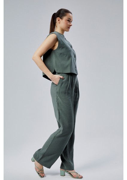 Kadın Yeşil Rahat Kesim Dokuma Pantolon modelleri