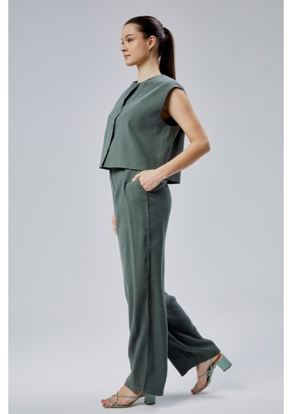 Kadın Yeşil Rahat Kesim Dokuma Pantolon fırsatları