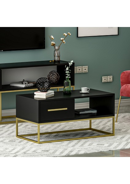 Mira Kapaklı Orta Sehpa, Gold Ayak, Modern Tasarım - 90 cm , Ev-Ofis