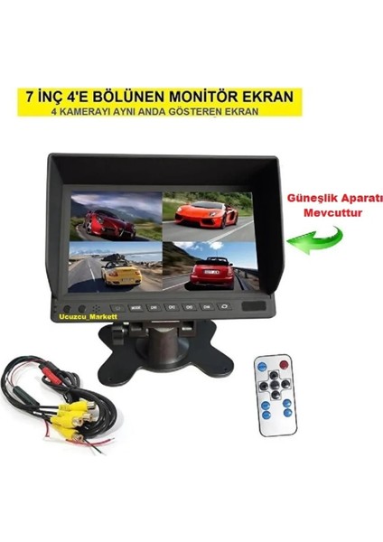 7 Inç 4'e Bölünen Monitör Ekran (4 Kamerayı Aynı Anda Gösterir)