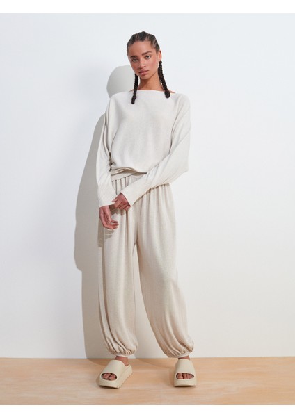 10735 Kayık Yaka Ince Triko Kazak-Bej Melanj indirimleri