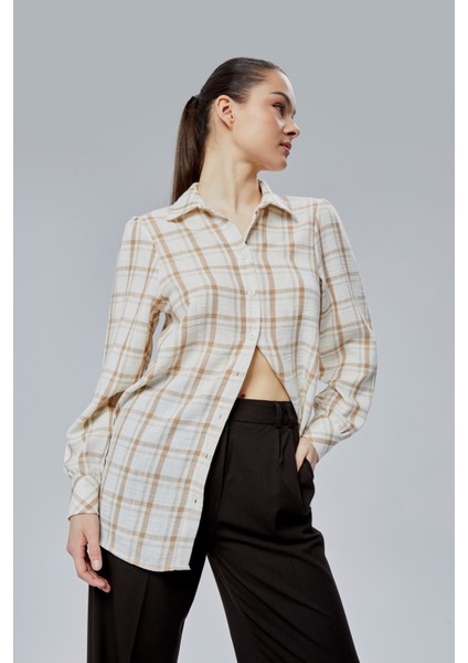 Kadın Vizon Ekoseli Regular Dokuma Gömlek