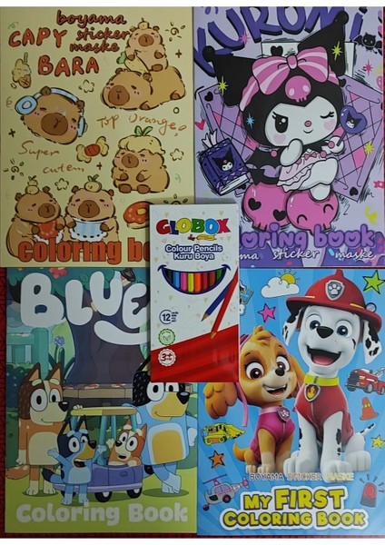 4 Adet Stickerli Boyama Kitabı ve 12 Li Kuru Boya Kalemi (Kuromi/capybara/paw Patrol/bluey)
