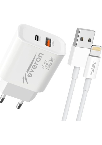 Everon 25W Hızlı USB ve Type-C Çift Çıkışlı Şarj Cihazı ve Lightning Kablo – Süper Hızlı ve Güvenli Şarj!