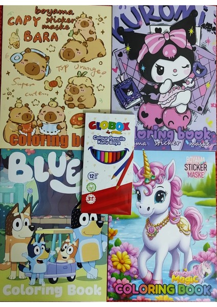 4 Adet Stickerli Boyama Kitabı ve 12 Li Kuru Boya Kalemi (Kuromi/capybara/unicorn/bluey)