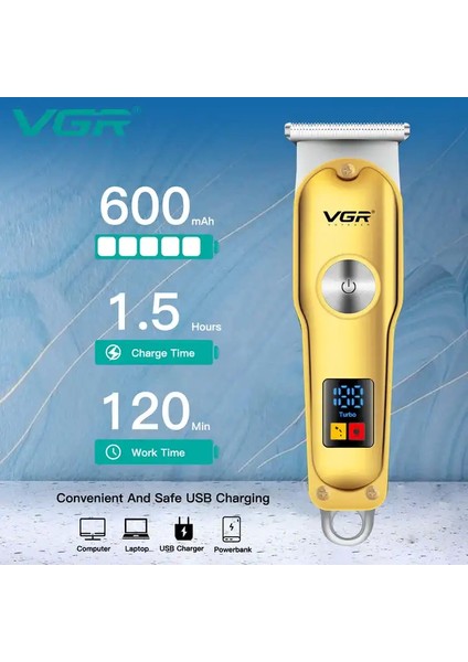 Vgr V-290 Altın T Bıçak Sıfır Kesim LCD Ekran Şarjlı Tıraş Makinesi