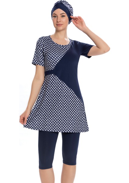 Kısa Kollu Yarı Kapalı Tesettür Mayo 204-02 Lacivert