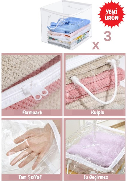 3 Adet Pvc Küp Çanta Şeffaf Kulplu Hurç Dolap Düzenleyici Pvc Çanta 30X30X30 fiyatları