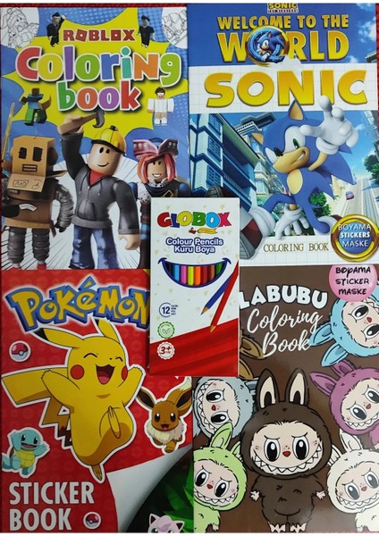 4 Adet Stickerli Boyama Kitabı ve 12 Li Kuru Boya Kalemi (Roblox/sonic/pocemon/labubu)