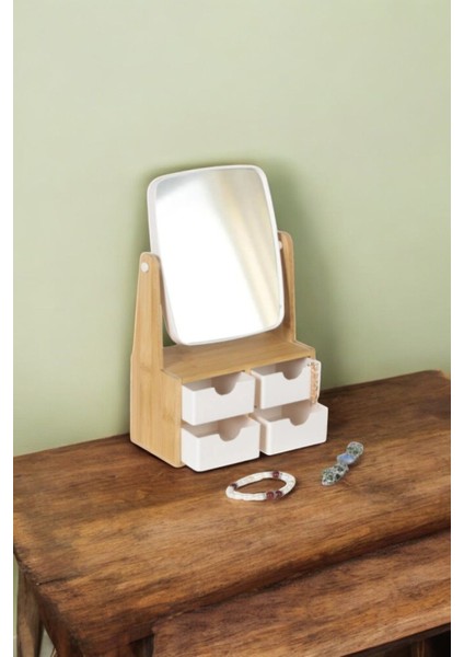 Makyaj Takı Çok Amaçlı Şık Ahşap 4 Çekmeceli Dolap Organizer Ayna