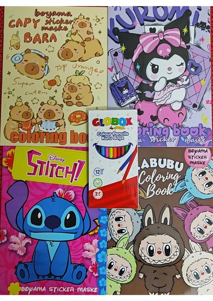 4 Adet Stickerli Boyama Kitabı ve 12 Li Kuru Boya Kalemi (Kuromi/capybara/labubu/stitch)