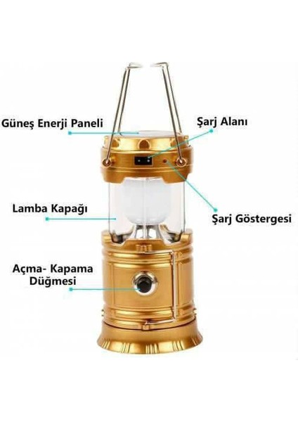 Solar Şarjlı Güneş Enerjili Fan Kamp Feneri Güneş Paneli Kamp Şarjlı Işıldak Usb Şarj
