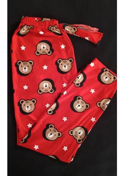 Kırmızı Kumaş Üzerine Panda Ayıcık Desenli Pijama Altı modelleri