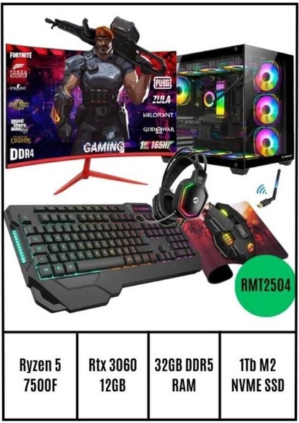 RMT2504 Ryzen 5 7500F / 32G Ddr5 / 1tb M.2 Nvme SSD Rtx 3060 12G 24'' 165hz Curved Gaming Bilgisayar