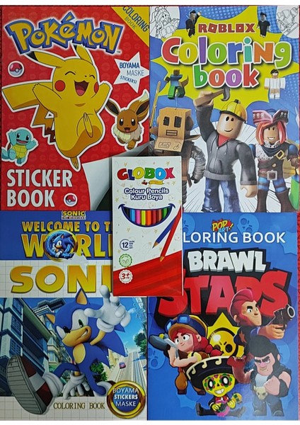 4 Adet Stickerli Boyama Kitabı ve 12 Li Kuru Boya Kalemi (Brawlstars/roblox/pocemon/sonic)